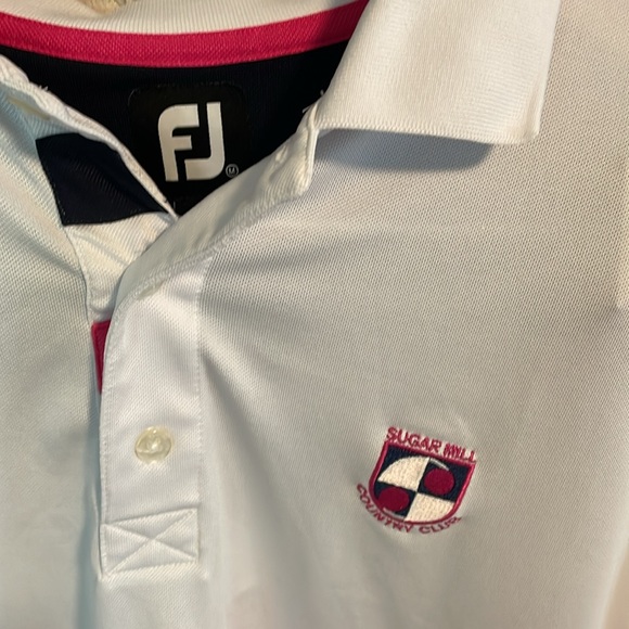 FootJoy Golf Polo Shirt med Men White Pink Blue Stripe Poly Colorblock polo - Picture 2 of 7